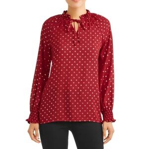 2/$30 Time and Tru Red and Gold Metallic Long Sleeve Ruffled Blouse Top SZ M